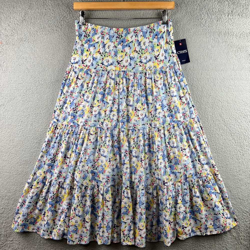 New Chaps Denim Womens Blue Floral Tiered Maxi Skirt Cotton Lined Boho Size M